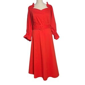 Eloquoii Orange A-Line Dress with Bishop Sleeves and Sweetheart Neckline